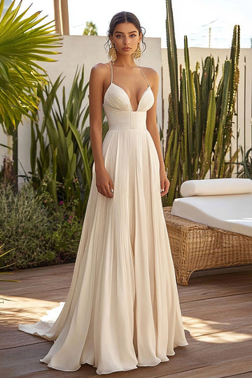 Champagne Chiffon Pleated Spaghetti Straps A Line Long Formal Dress